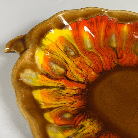 VTG 70s Orange Drip Glaze Candy Dish Leaf  Ceramic Boho 1970s Oval - Picture 3 of 5